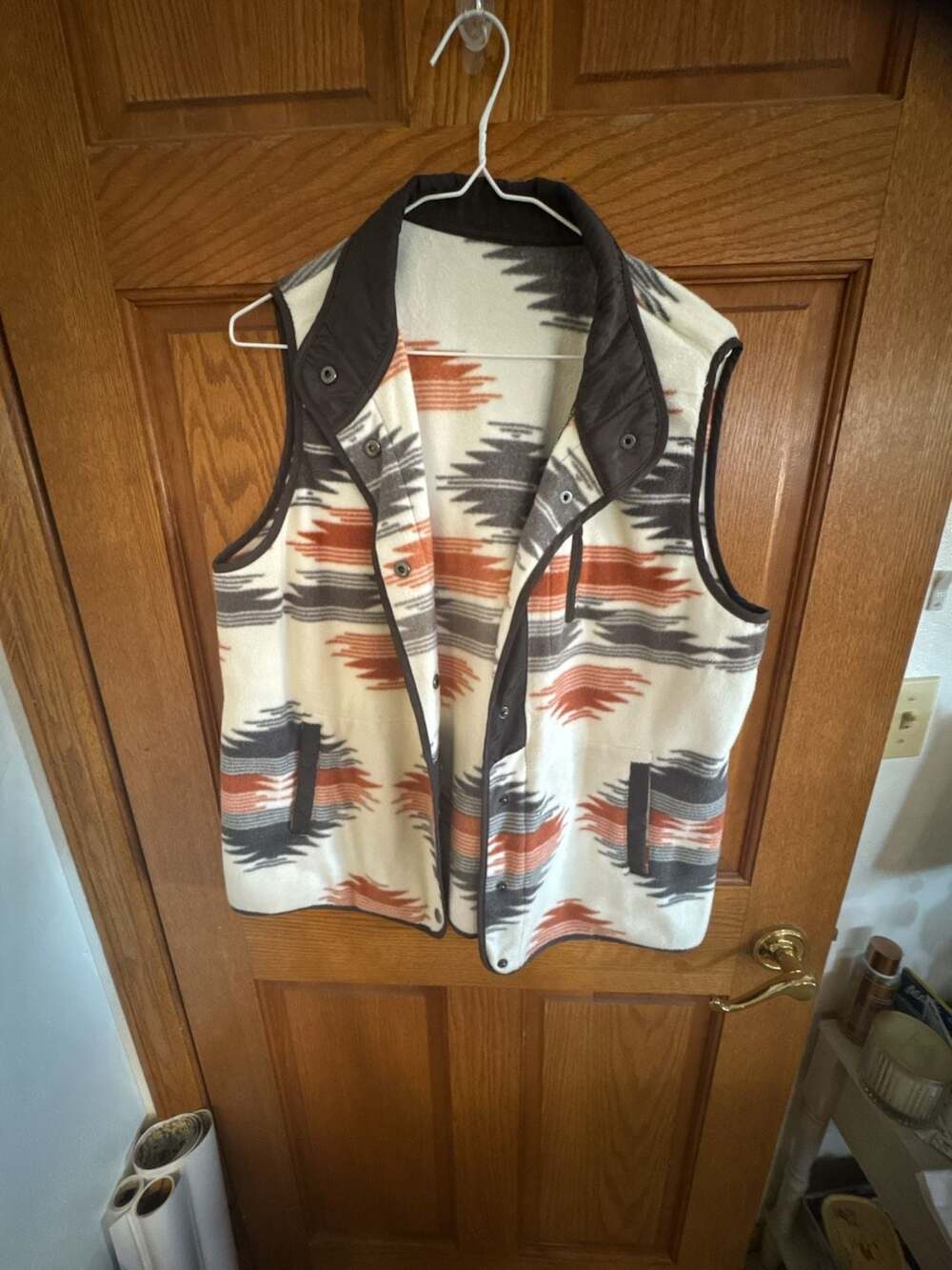 Aztec Print Fleece Vest Stand Collar Sleeveless Button Down Jacket Size L